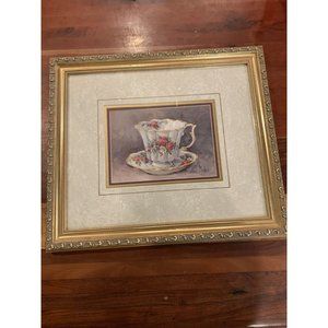 Vtg Barbara Mock Lg Victorian Rose Teacup Picture Gold Gild Ornate Frame 13x15
